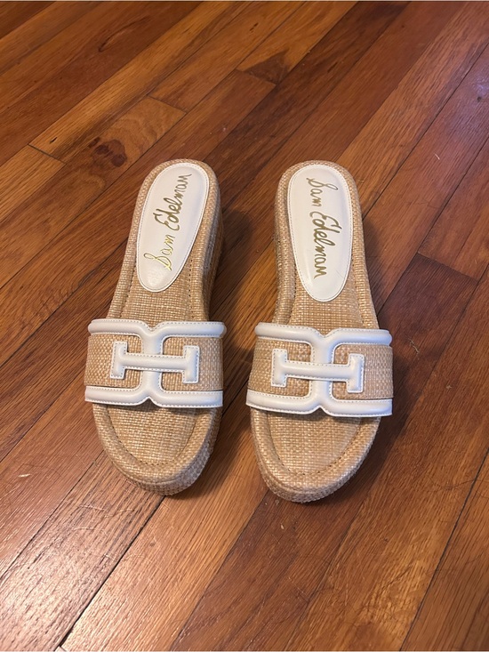 Sam Edelman Shoes - Sam Edelman Pauleena Raffia Double E Logo Platform Wedge Slide Sandals